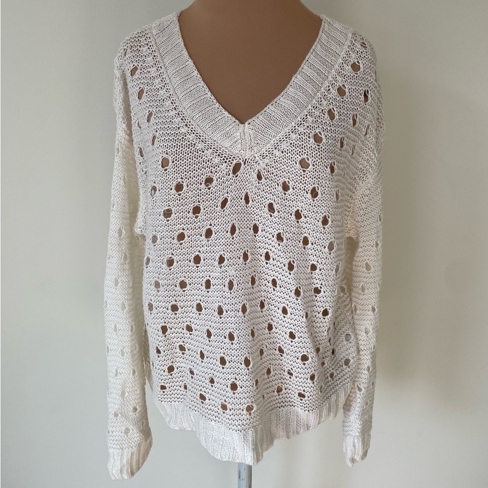 NHBT White Circle Open Knit 100% Linen V-Neck Sweater EUC Size Small